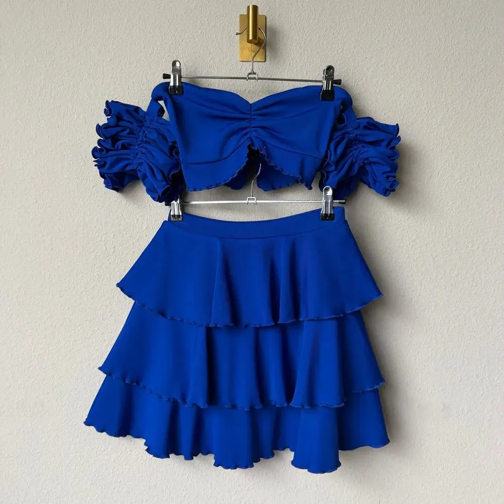Royal Blue Off-Shoulder Ruffle Skirt Set